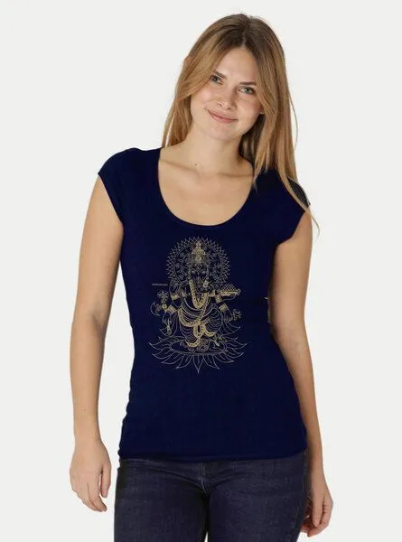 Peaces.bio - handbedruckte Biomode Peaces.bio - handbedruckte Biomode Bio-Damen-Roundneck-Shirt "Ganesha", Navy, – Produktbild 2 von 2
