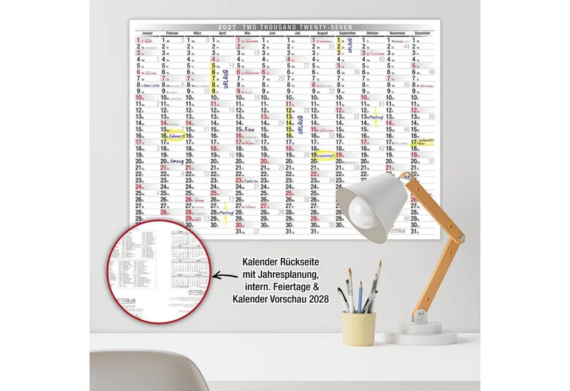 TOBJA Wandkalender Wandkalender 2027 A3 Querformat – Großer Jahresplaner KW, Klassisch schwarz-weiß, KW, FSC-Papier, Rückseite Jahresplanung – Produktbild 3 von 5