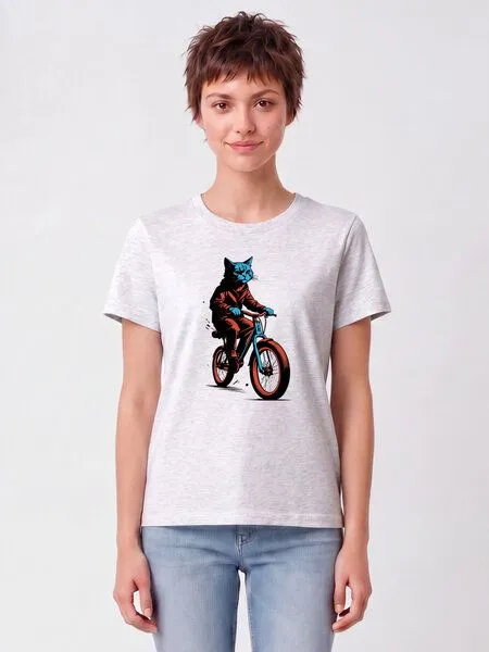 watapparel watapparel T-Shirt Frauen Katze auf Fahrrad, Cool heather grey, – Produktbild 2 von 2