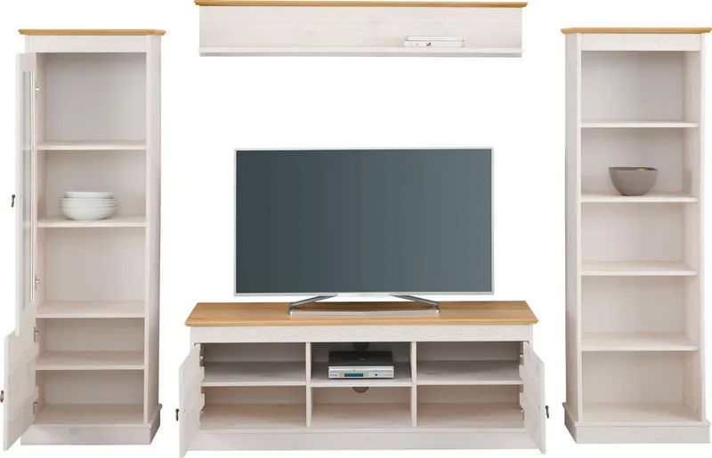 OTTO home Wohnwand Indra Vitrine, TV-Board, Regal, Wandregal mit dekorativer Fräsung, (Set, 4-St), 4-teiliges Set, aus massiver Kiefer, dekorative Fräsung, Metallgriffe, Weiß, – Produktbild 4 von 5