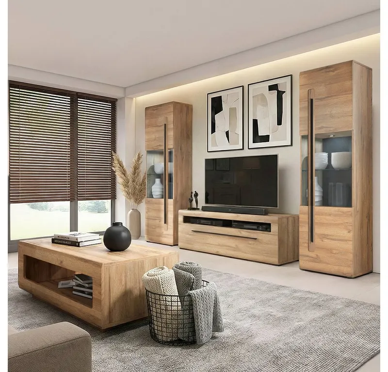 Lomadox Wohnzimmer-Set TURDA-83, (Mega-Spar-Set, 4-St., Couchtisch Highboard Lowboard Sideboard Vitrine Wandregal), Eiche Dekor braun Metallgriffe in schwarz modern inkl. LED Beleuchtung, Braun, – Produktbild 1 von 5