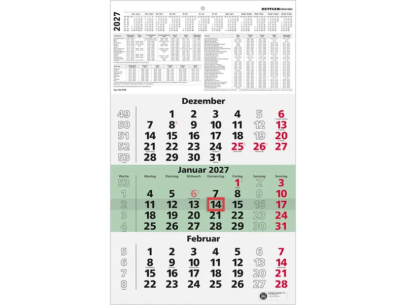 Zettler Zettler Dreimonatskalender aus Recyclingpapier, 2027 – Produktbild 2 von 3