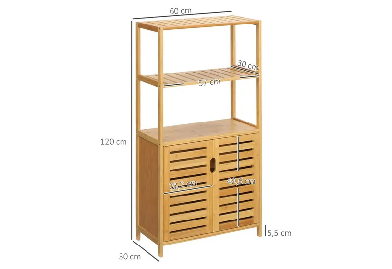 kleankin kleankin Badkommode Küchen-/Aufbewahrungsschrank, 2 Lamellentüren, 2 offene Fächer (Badezimmerschrank aus Bambus, 1 St., Badschrank), für Badezimmer, Wohnzimmer, 60x30x120 cm Natur, Beige, – Produktbild 3 von 5