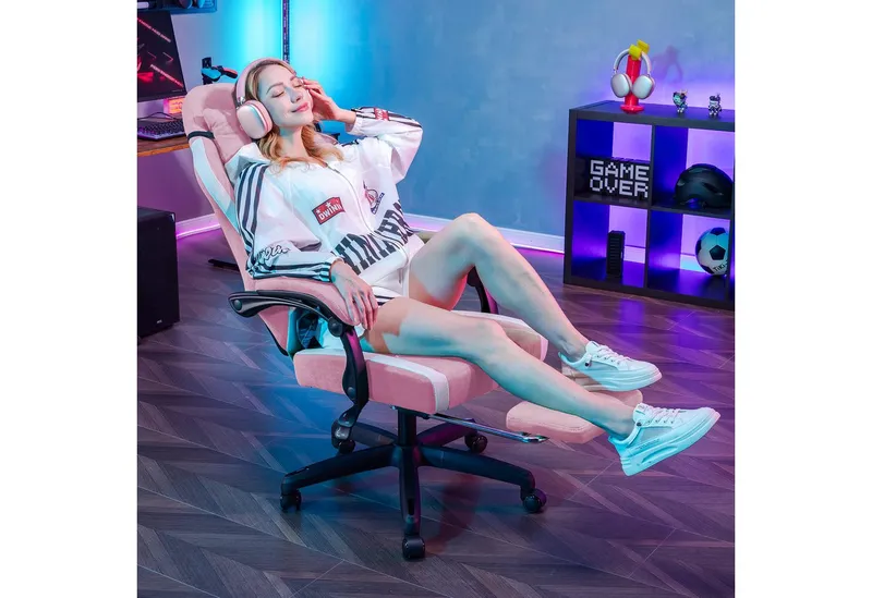 GTPLAYER Gaming-Stuhl Ergonomischer Gaming Sessel Schreibtischstuhl aus Stoff/Kunstleder (Packung), Federsitzkissen mit Fußstütze, Rosa, – Produktbild 2 von 5