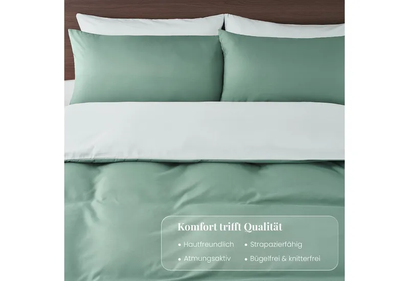 Topfinel Bettwäsche 135x200cm 4 teilig winterbettwäsche mit reißverschluss bügelfrei wärm, satin, 2 teilig, kühlende bettwäsche 135 x 200 Salbeigrün Weiß wendebettwäsche boho, Grün, – Produktbild 5 von 5
