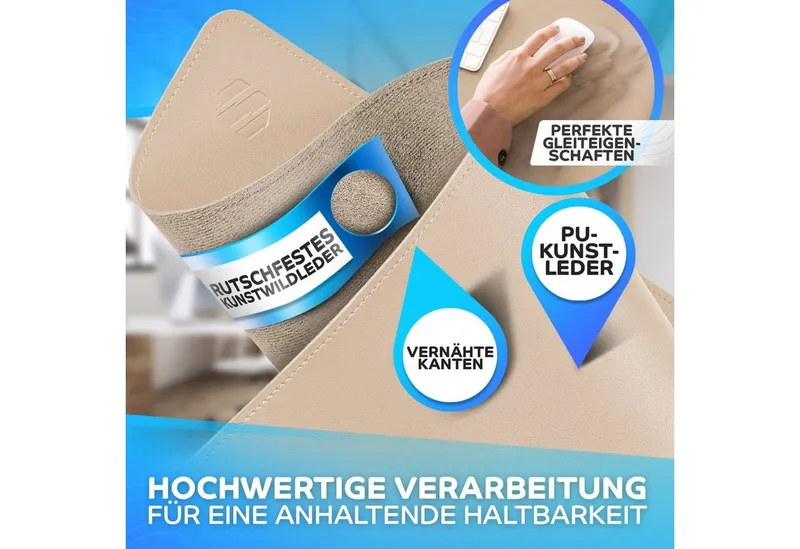 MAXLVL Gaming Mauspad Schreibtischunterlage - Mauspad mit Vernähte Kanten - abwaschbar (in 80x40 cm / 60x35 cm, Schreibtisch Unterlage für Büro), Tischunterlage Schreibtisch aus PU-Leder, Beige, – Produktbild 2 von 5