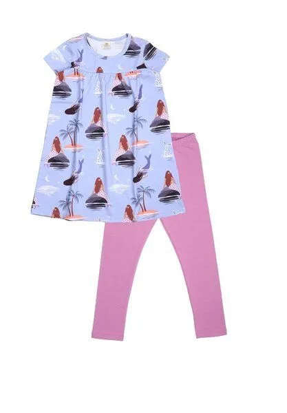 Walkiddy Baby Kleid Set GOTS zertifiziert, Bio-Baumwolle, lila, Meerjungfrau-Muster, Kurzarm + Leggings – Walkiddy – Produktbild 2 von 3