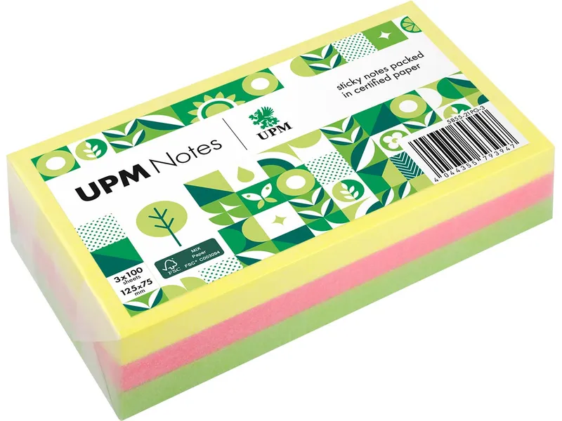 UPM UPM Super Sticky Haftnotizen "Brillantmix" 125 x 75 mm, 3 Blöcke, farbig sortiert – Produktbild 1 von 1