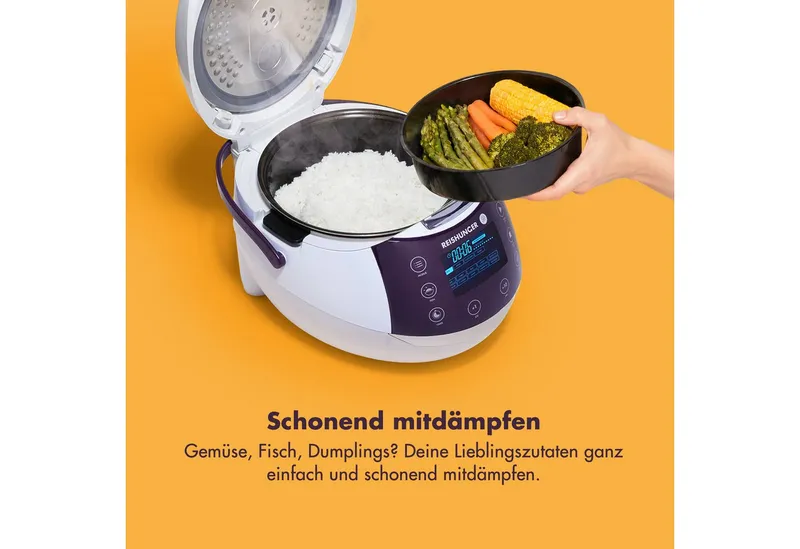 Reishunger Reishunger Reiskocher Digital – 1,5 L – Multikocher – 12 Programme – Keramikbeschichtung, 860 W, Timer- und Warmhaltefunktion, 7-Kochphasen-Technologie, LED-Display, Lila|weiß, – Produktbild 2 von 5