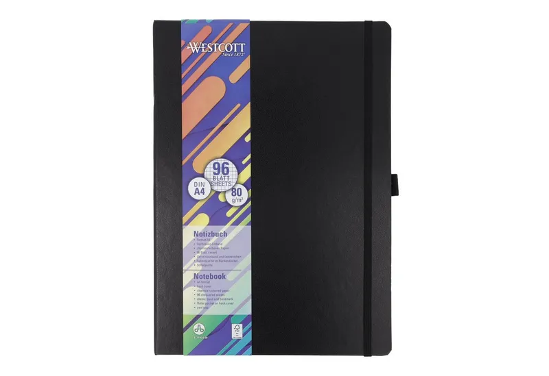 Westcott Westcott Notizbuch DIN A4 kariert, 192 Seiten im Hardcover, 80 g/m² FSC Mix-Papier, mit Innentasche, Lesezeichen, Gummizug und Stifthalter, Schwarz, – Produktbild 2 von 7