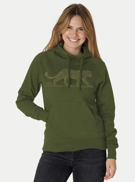 Peaces.bio - handbedruckte Biomode Peaces.bio - handbedruckte Biomode Bio-Damen-Kapuzensweater Leopard, Waldgrün, – Produktbild 1 von 1