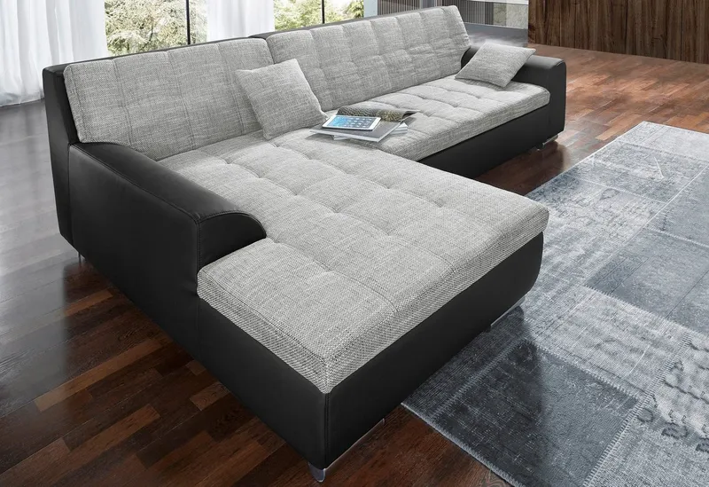 DOMO collection Ecksofa TREVISO viele Bezüge, auch in Cord, L-Form, 267x178 cm, mit Bettfunktion, inkl. Zierkissen, Unser Dauertiefpreis, Schwarz|silberfarben, – Produktbild 7 von 8