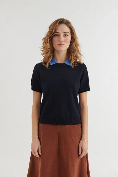 Basic Apparel Basic Apparel Kurzarm-Strickshirt LIS mit abnehmbaren Kragen aus Bio-Merinowolle, Blau-navy, – Produktbild 1 von 2