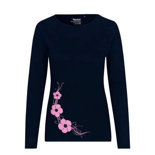 HANDGEDRUCKT HANDGEDRUCKT "Hibisken" Frauen Longsleeve aus reiner Biobaumwolle (kbA), Navy blue, – Produktbild 1 von 3