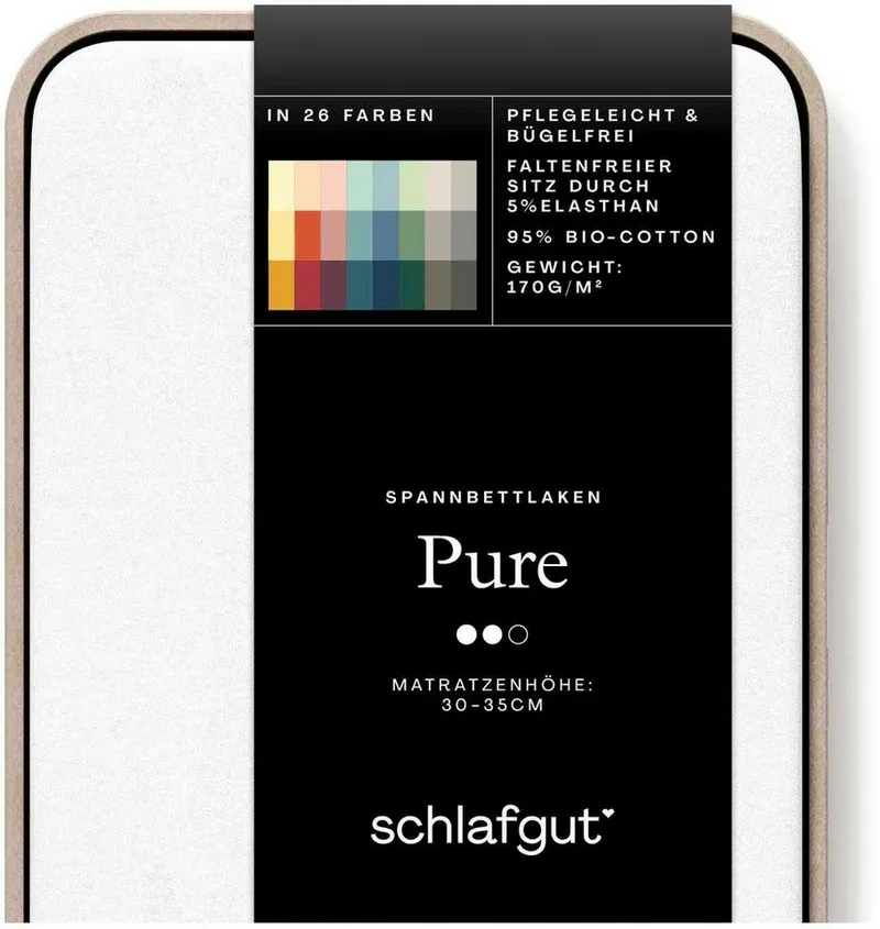 Schlafgut Schlafgut Spannbettlaken PURE Bio-Baumwolle mit Elasthan, 170 g/m², Bettlaken, Spannbetttuch, Jersey, Gummizug: rundum, (1 Stück), PREMIUM Laken für Matratzen bis 30cm Höhe, dehnbar blickdicht, straff, Weiß, – Produktbild 5 von 5