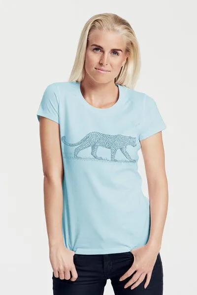 Peaces.bio - handbedruckte Biomode Peaces.bio - handbedruckte Biomode Bio-Damen-T-Shirt "Leopard", Hellblau, – Produktbild 1 von 1