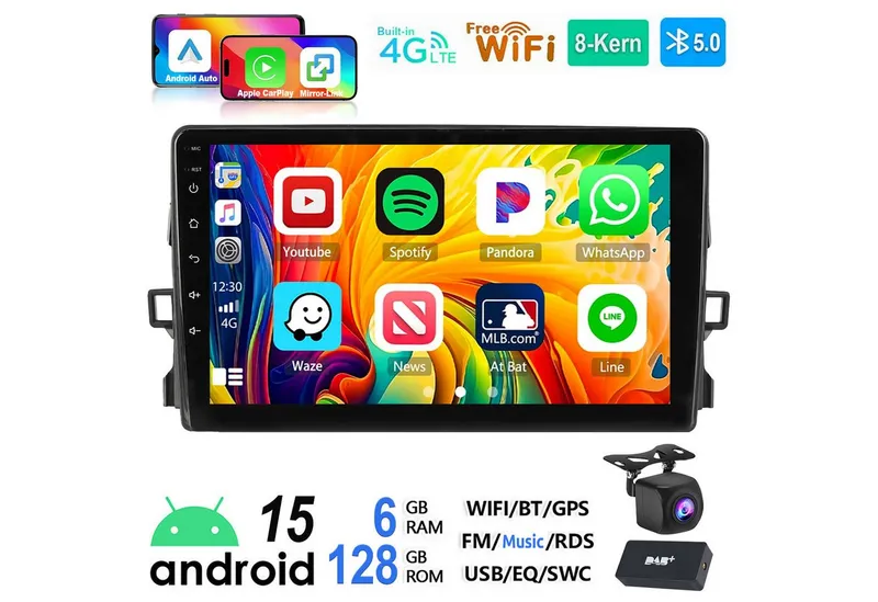 ESSGOO 6+128G DAB+ Autoradio Für Toyota Auris 2006-12 Android 15 Carplay GPS Autoradio (RDS, 6GB+128GB, 4G LTE, FM, AM, DAB+ (optional), ASP, Carplay Android Auto Bluetooth EQ USB GPS Navi WIFI Touchscreen), Schwarz, – Produktbild 1 von 5