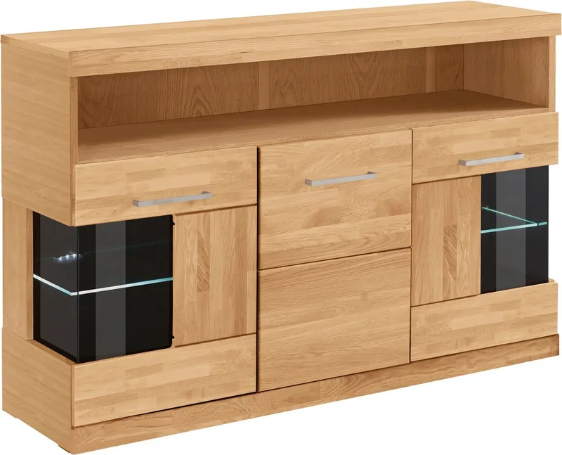OTTO home Sideboard Ribe,130cm breit,Fronten Massivholz,2Türen mit gehärtetem Glaseinsatz, Korpus aus Holzwerkstoff, Metall Griffe,7 Fächer, Böden versetzbar, Braun, – Produktbild 6 von 8