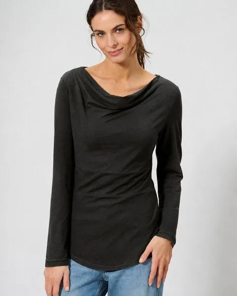 HempAge HempAge Damen Langarmshirt mit Wasserfallkragen Hanf/Biobaumwolle, Black, – Produktbild 1 von 3