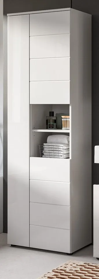 Inn.Furn Hochschrank Larik (Badschrank in weiß Hochglanz, 3-türig, 60 x 190 cm) mit 11 Fächern, Weiß, – Produktbild 2 von 5