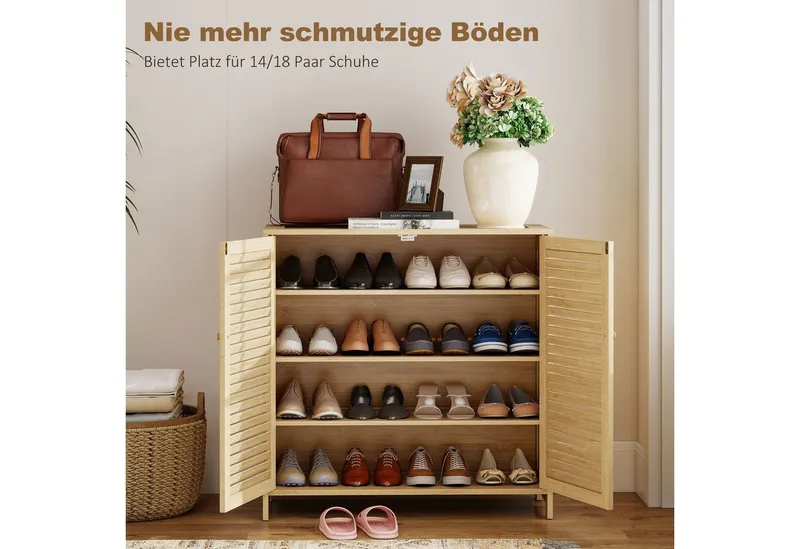 HOMCOM HOMCOM Schuhschrank aus Bambus mit verstellbaren Einlegeböden (Set, 1-St., 1er Set) für ca. 14 Paar Schuhe, Lamellentüren, Beige, – Produktbild 4 von 5