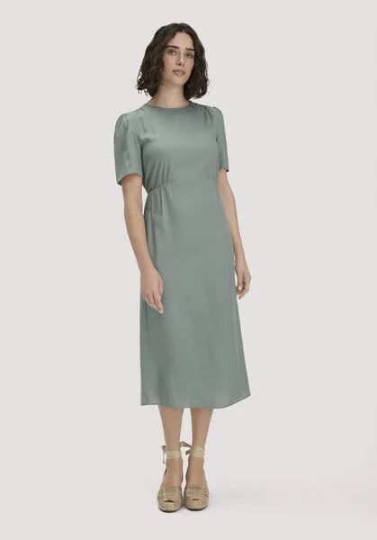 hessnatur hessnatur Gewebe Kleid gerafft Midi aus reinem Lyocell LYOCELL, Mattgrün, – Produktbild 1 von 5