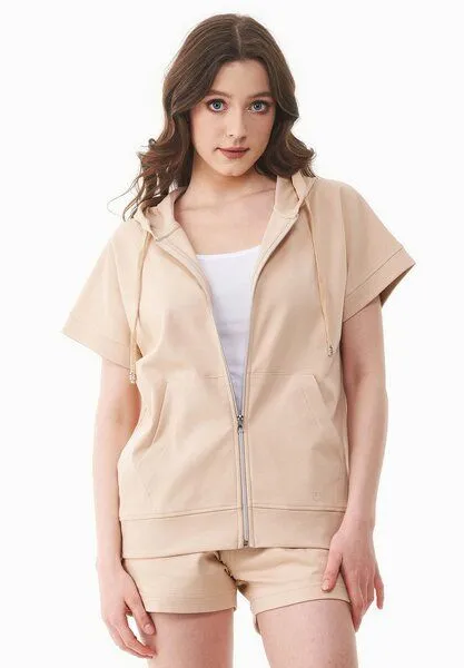 ORGANICATION ORGANICATION Leichte Full-Zip Kurzarm-Hoodie aus Bio-Baumwolle, Soft beige, – Produktbild 1 von 4