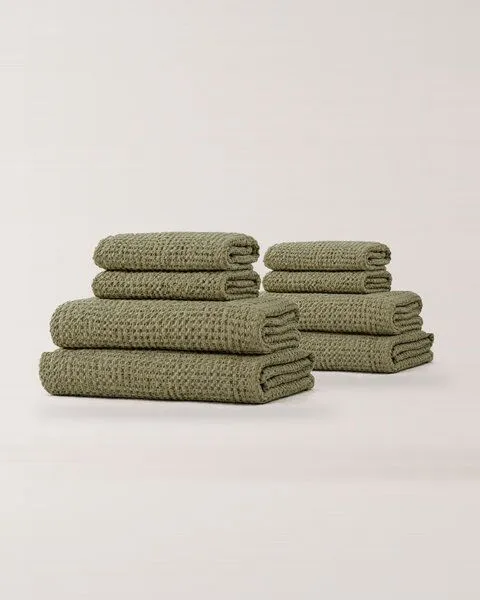 AmourLinen AmourLinen Waffel-Handtuch-Set aus Leinen, Family-Pack, 4 Badetücher + 4 Handtücher, Moss grün, – Produktbild 1 von 3