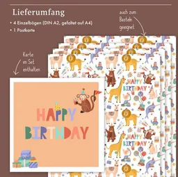 dabelino dabelino Kinder Geschenkpapier Set zum Geburtstag: Happy Birthday / Tiere – Produktbild 1 von 1
