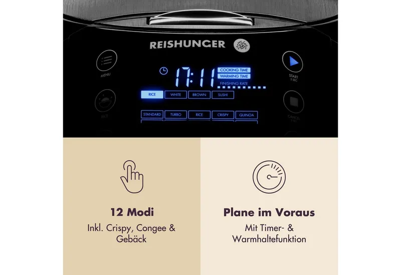 Reishunger Reishunger Reiskocher Digital – 1,5 L – Multikocher – 12 Programme – Keramikbeschichtung, 860 W, Timer- und Warmhaltefunktion, 7-Kochphasen-Technologie, LED-Display, Lila|weiß, – Produktbild 5 von 5