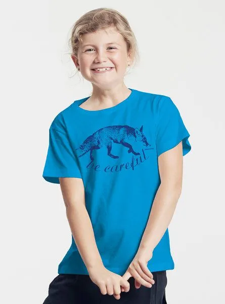 Peaces.bio - handbedruckte Biomode Peaces.bio - handbedruckte Biomode Bio-Kinder T-Shirt Be Careful, Türkis, – Produktbild 3 von 3