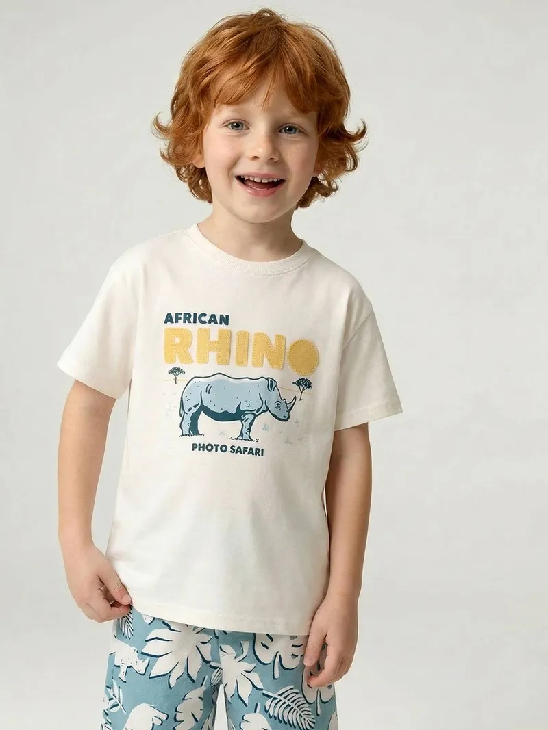 Vertbaudet Jungen-Set aus T-Shirt und Shorts AFRICAN RHINO, Wollweiß, – Produktbild 3 von 4