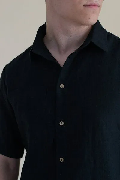 gust. gust. Herren Kurzarm Leinenhemd - Linen shirt - Short sleeve - 100% Bio-Leinen, Black (schwarz), – Produktbild 4 von 4
