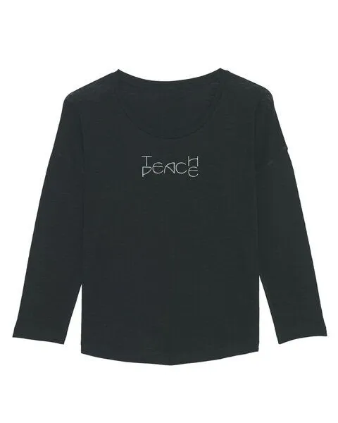 Human Family Human Family Damen Longsleeve aus Slub Garn - "Wave - Teach Peace", Schwarz, – Produktbild 1 von 4