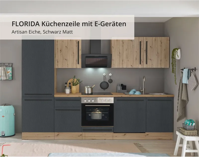 KOCHSTATION Küchenzeile KS-Florida mit 38mm starker Arbeitsplatte, Breite 280 cm, wahlweise mit E-Geräten, Soft-Close-Funktion, Schwarz, – Produktbild 3 von 8