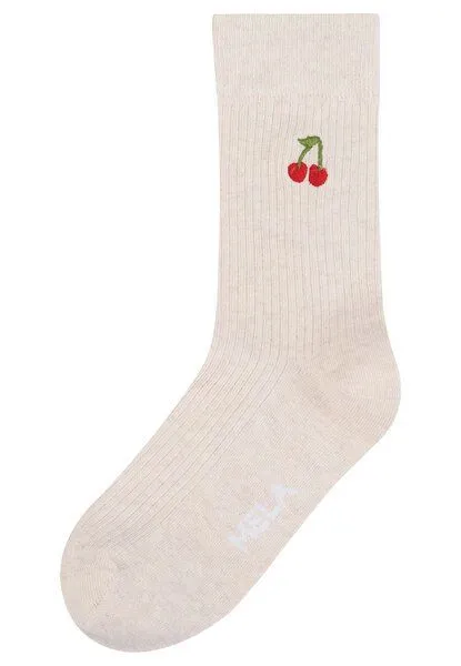 MELA MELA Gerippte Socken mit Stickerei, 1er Pack, Cream melange / kirsche, – Produktbild 2 von 3