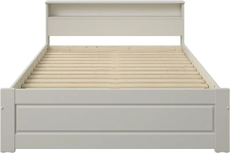OTTO home Massivholzbett FLAVION, Jugendbett, Stauraum, FSC® zertifizierte Kiefer (Breite: 90, 140, 180), Qualitätsprodukt, Regal, Kassettenoptik, Schublade optional, Beige, – Produktbild 4 von 4