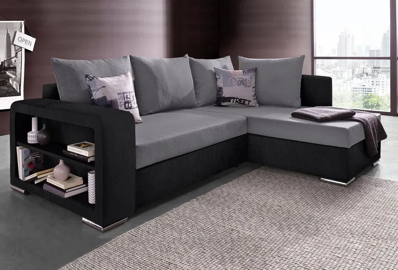 COLLECTION AB Ecksofa John L-Form, B: 226 cm, Schlaffunktion & Bettkasten, Regalelement & 2 Zierkissen, Couch optional mit Federkern, Grau|schwarz, – Produktbild 2 von 5