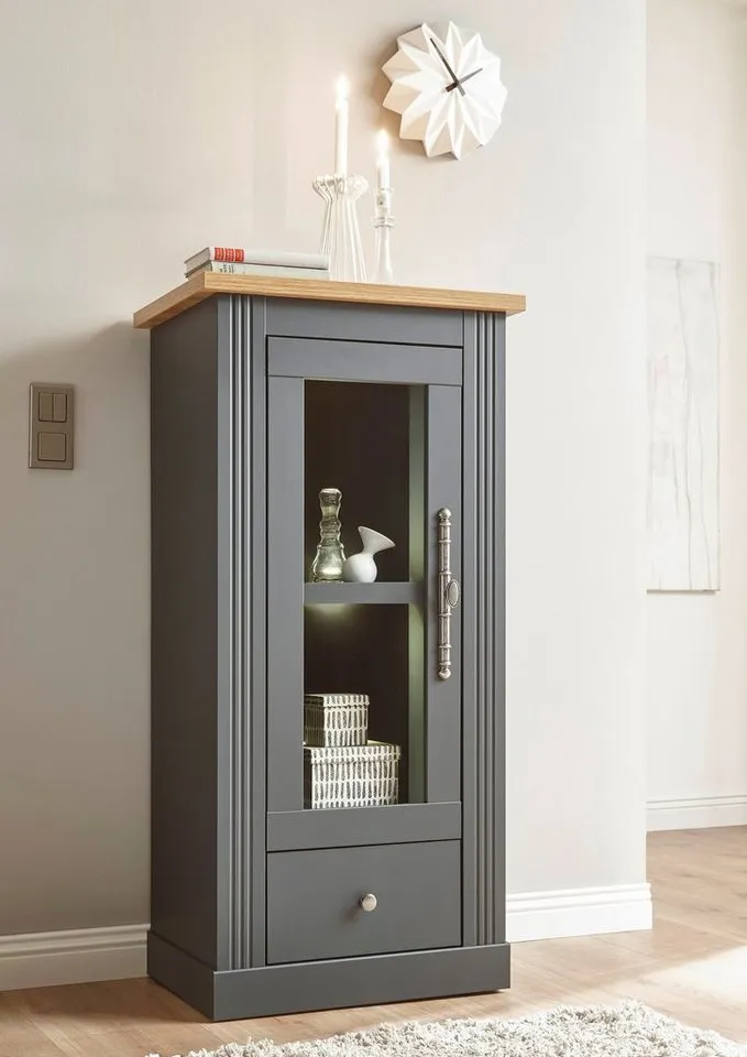 OTTO home Vitrine Westminster, Hochschrank im Landhausstil, Glasvitrine, Stauraumelement Metallgriffe, ausreichend Stauraum, in 2 Farben erhältlich, Grau, – Produktbild 3 von 8