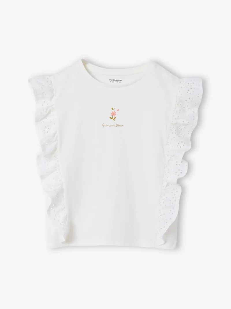 Vertbaudet Mädchen T-Shirt mit Lochstickerei-Volants, Wollweiß, – Produktbild 1 von 3