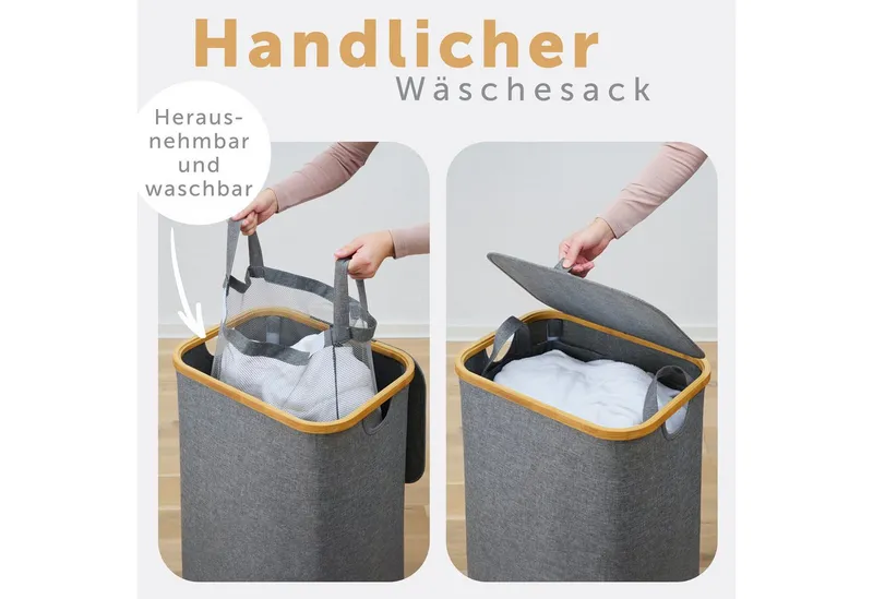 Blumtal Wäschekorb 1,2 oder 3 Fächer mit herausnehmbaren Wäschesäcken 100, 140 oder 150L, in drei Größen erhältlich, Grau, – Produktbild 5 von 5