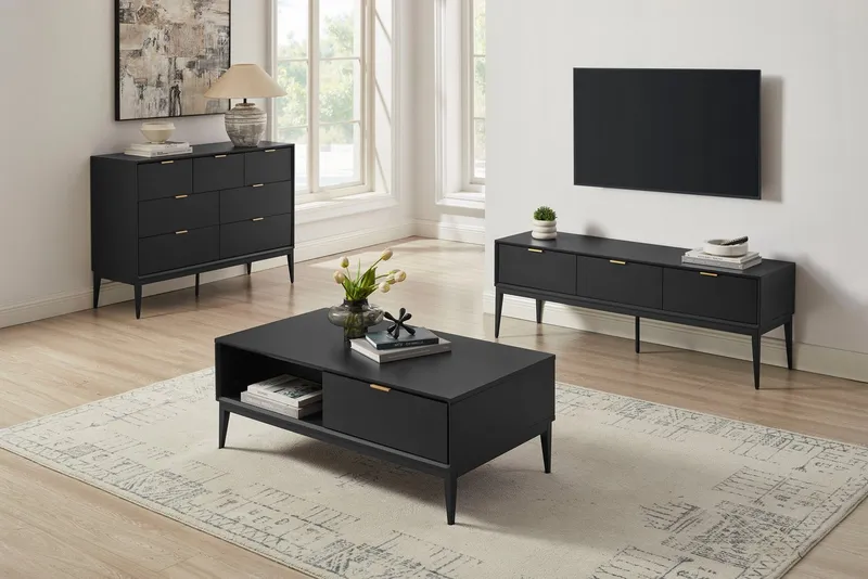 Leonique Kommode Lavisha, FSC-zertifiziertes Holz kombiniert Melamin, verchromten Metallgriffen, Schwarz, – Produktbild 3 von 5