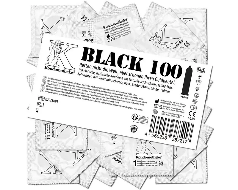 Kondomotheke Kondome BLACK (schwarze Kondome ohne Extras, für jede Stellung) Beutel mit, 100 St., dunkle Kondome -, die preiswerten Kondome zum Super-Sparpreis, Schwarz, – Produktbild 1 von 1