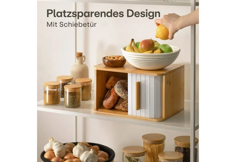 Praknu Brotkasten Brotkasten klein aus FSC® Holz mit Schiebetür - Brotaufbewahrung, Bambus, (Brotkasten Bambus Schiebetür, Kleiner Brotkasten aus Bambus mit weißer Schiebetür, platzsparend), FSC® Holz - Platzsparend und stilvolle Brotbox für längere Frische, Beige|braun, – Produktbild 4 von 5