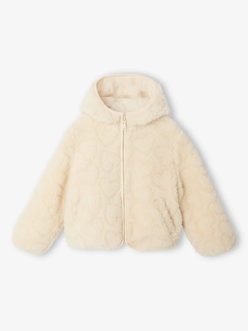 Vertbaudet Vertbaudet Übergangsjacke aus Teddyfleece mit Kapuze und Leopardenmuster Mädchen, Wollweiß, – Produktbild 1 von 3