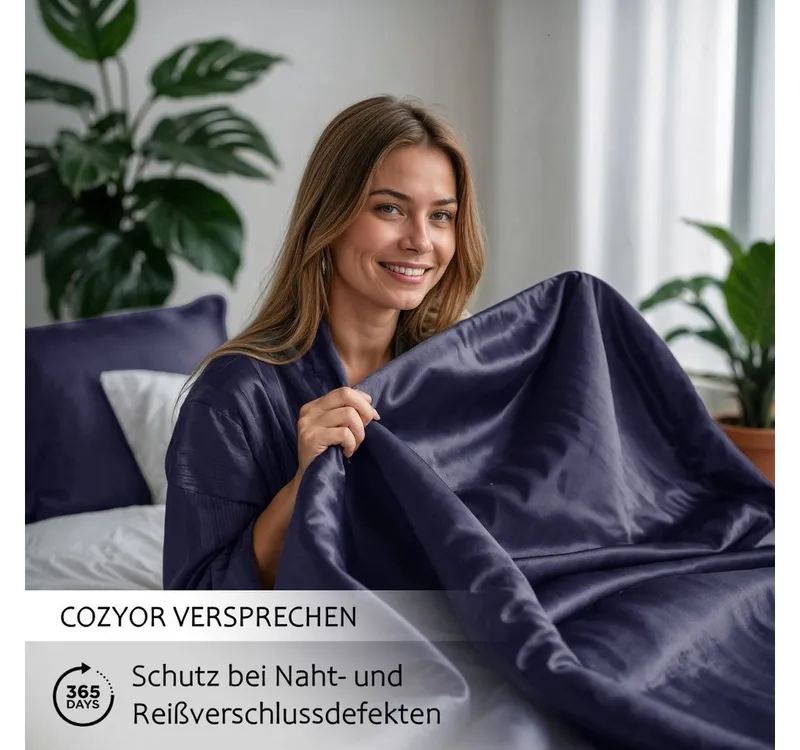 Cozyor Bettwäsche Satin glänzend 135x200, 155x200, 155x220, 200x200cm mit Reißverschluss, Satin, dunkelblau Ocean, 2 teilig, Edel und hochwertig, Blau, – Produktbild 2 von 5