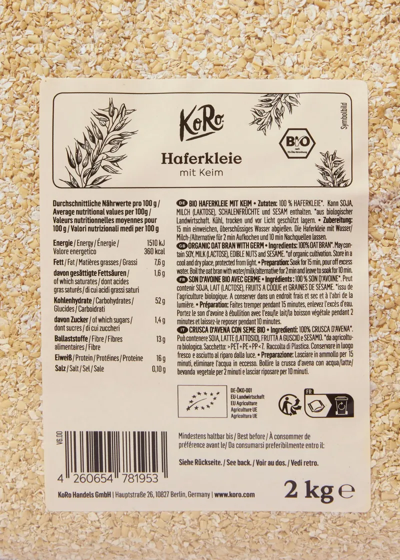 KoRo Bio Haferkleie mit Keim 2 kg – Produktbild 3 von 5