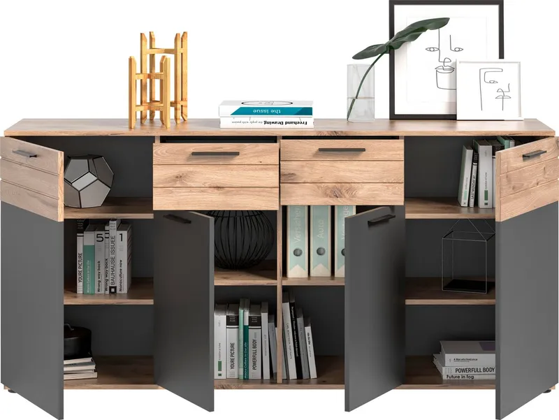 Home affaire Sideboard Riga, Breite 180cm, 4 Türen, 2 Schubkästen, 6 Einlegeböden, 10 Fächer, hochwertige Rillenfräsung, mit Softclose, Kommode, Anrichte, Schrank, Grau, – Produktbild 4 von 5