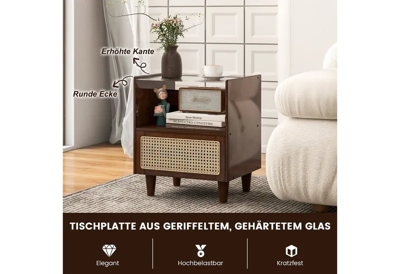 COSTWAY COSTWAY Nachttisch (2-St), mit Schublade und Glastischplatte, aus Bambus & Rattan, Braun, – Produktbild 3 von 5