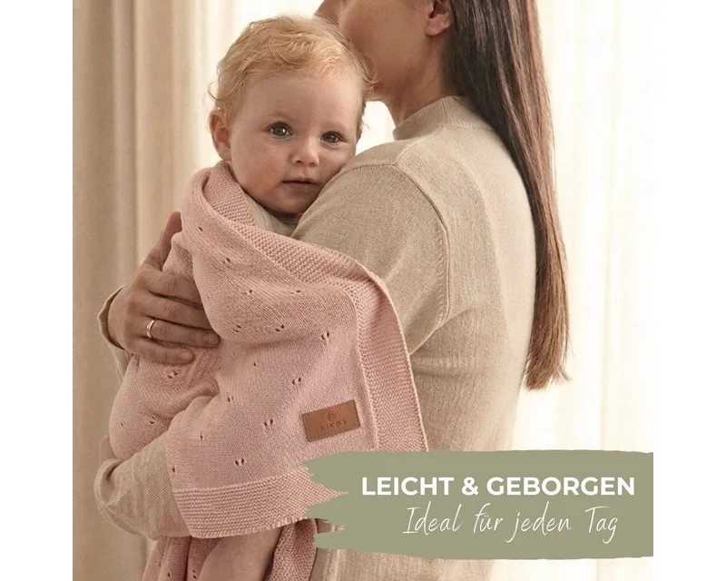 Babydecke DIKOS® aus *100%* Bio Baumwolle, Strickdecke, Geschenk zur Geburt, DIKOS, PREMIUM Qualität, Sommerdecke Ajour, 75x100, atmungsaktiv, weich, Rosa, – Produktbild 3 von 5